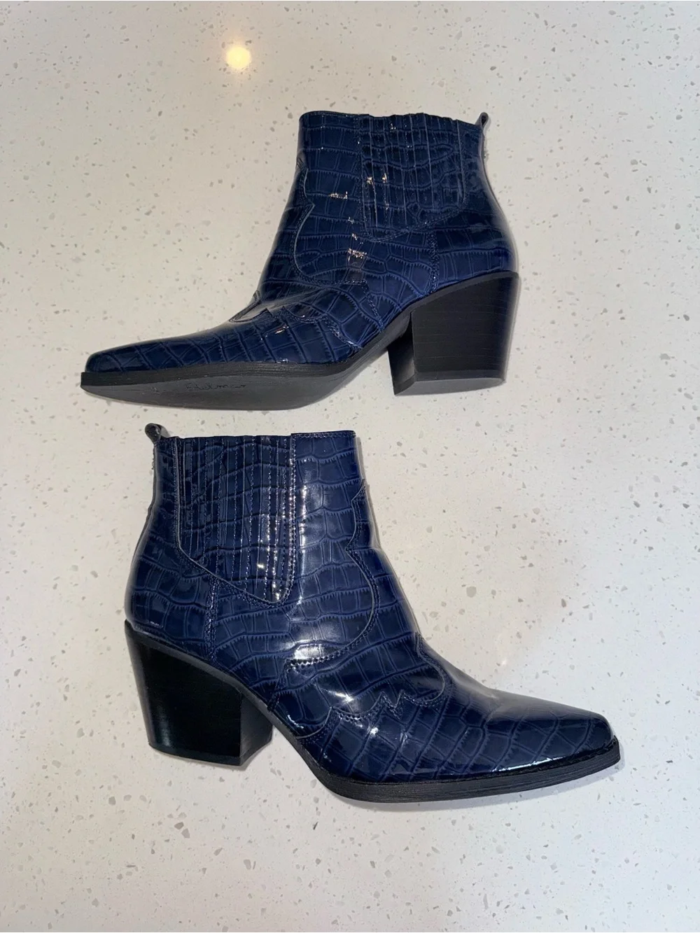 Sam Edelman Navy Croc-Embossed Patent Ankle Booties
